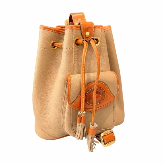 Dooney & Bourke Handbags - Vintage Dooney & Bourke AWL Bucket Bag Taupe Tan Leather Duck Logo Drawstring